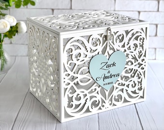 Boîte pour cartes blanche avec serrure à fente Tirelire de mariage Boîte pour cartes rustique Boîte pour cartes verrouillable Banque de mariage Boîte pour cartes de mariage Porte-cartes de mariage
