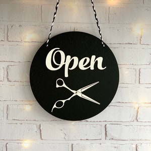 Hair salon Open Closed sign with scissors Business sign Barbershop sign Storefront sign Reversible sign Wooden sign for shop