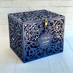 Navy Wedding Card Box With Slot Lock Wedding money box Rustic card box Lockable card box Wedding bank Wedding card box Wedding card holder