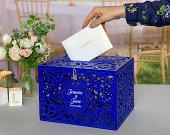 Royal Blue Wedding Card Box With Slot Lock Wedding money box Rustic card box Lockable card box Wedding bank Wedding card holder