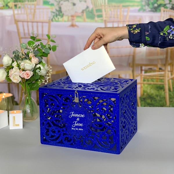 Royal Blue Wedding Card Box With Slot Lock Wedding money box Rustic card box Lockable card box Wedding bank Wedding card holder