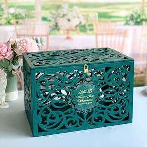 Caixa de cartão verde esmeralda Caixa de cartão de casamento com trava de fenda Caixa de dinheiro de casamento Caixa de cartão Quinceanera Caixa de cartão com trava Banco de casamento