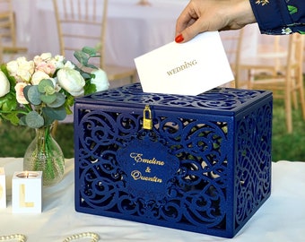 Navy Wedding Card Box With Slot Lock Wedding money box Rustic card box Lockable card box Wedding bank Wedding card box Wedding card holder