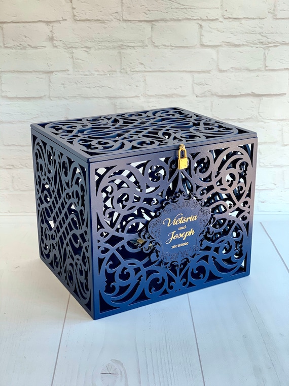 Navy Wedding Card Box With Slot Lock Wedding Money Box Rustic - Etsy