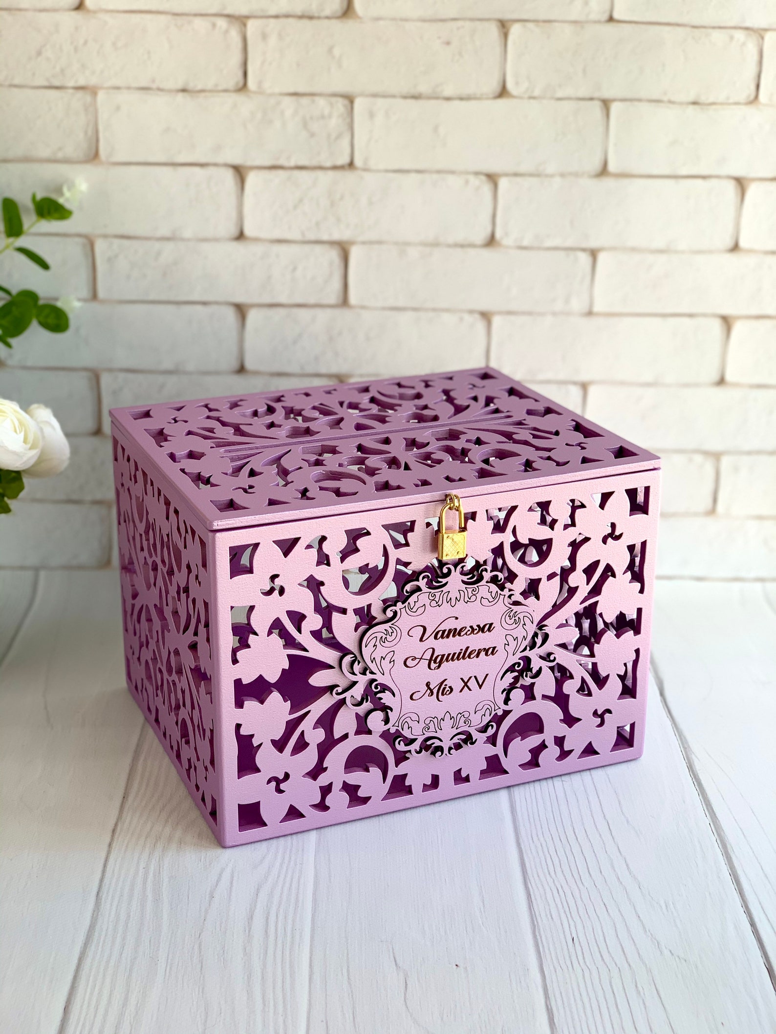 Purple Wedding Card Box With Slot Lock Wedding Money Box Rustic Card ...