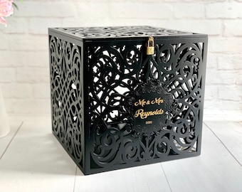 Boîte pour cartes noire avec serrure à fente Tirelire de mariage Boîte pour cartes rustique Boîte pour cartes verrouillable Banque de mariage Boîte pour cartes de mariage Porte-cartes de mariage