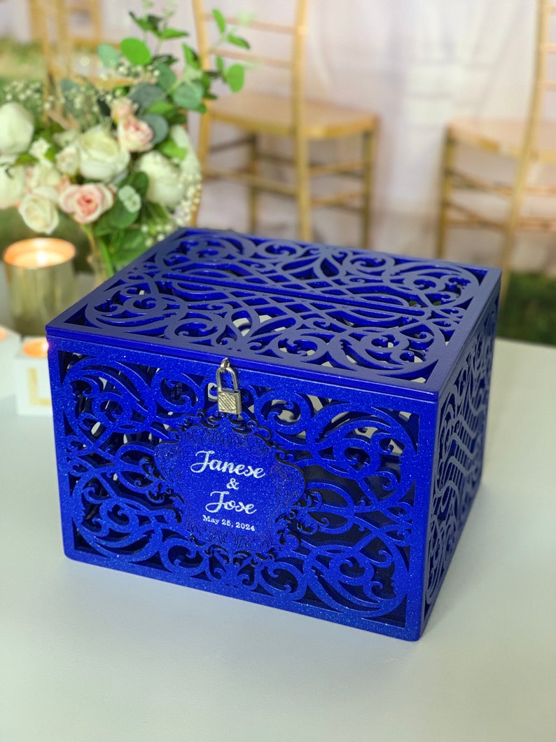 Royal Blue Wedding Card Box With Slot Lock Wedding Money Box Rustic ...