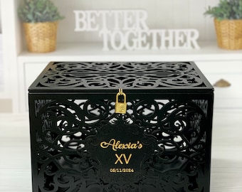 Quinceanera black card box Sweet 15 Birthday Card holder Quinceanera party Card Box With Slot Lock Box for cards Lockable card box