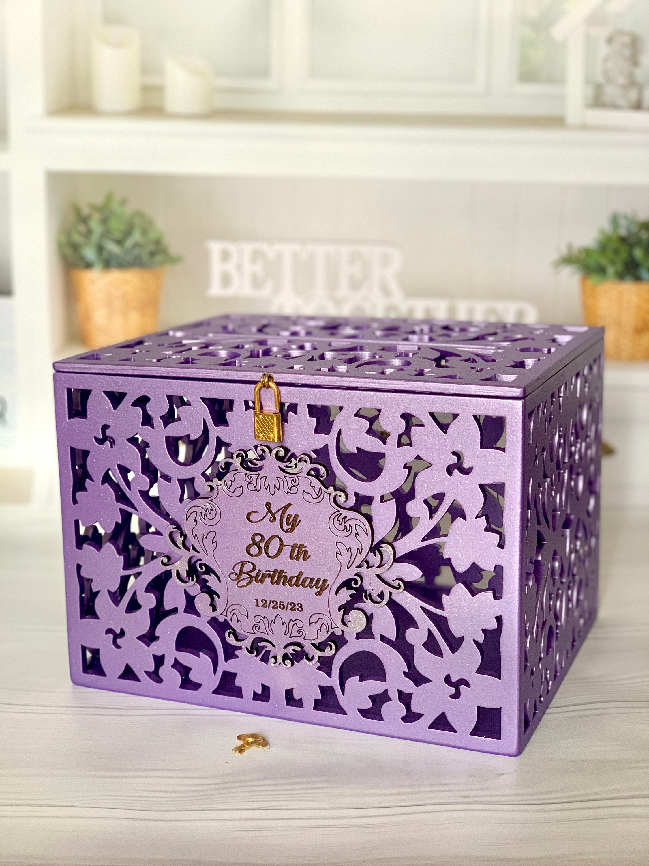 Purple Wedding Card Box With Slot Lock Wedding Money Box Rustic Card ...