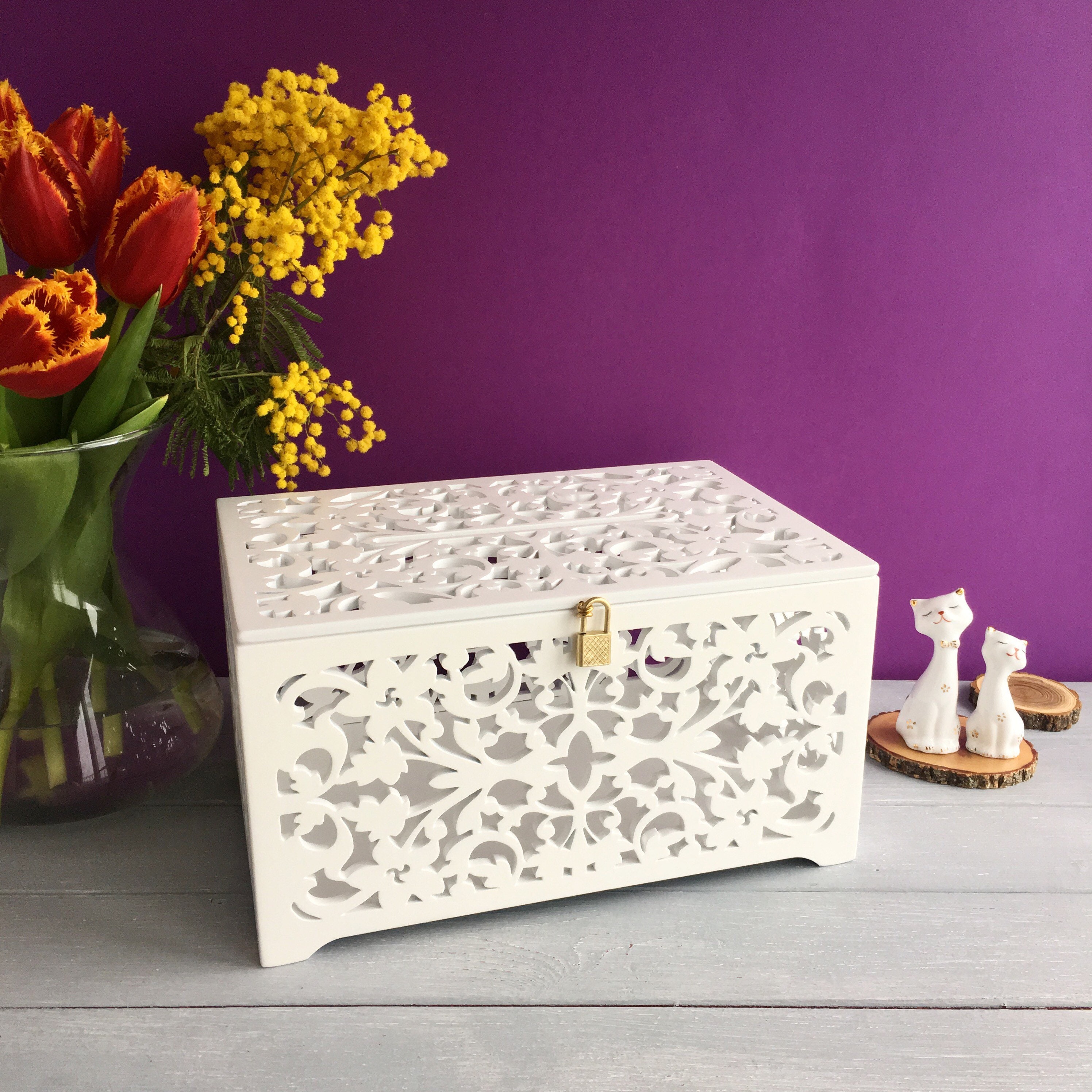 White Wedding Card Box With Slot Lock Wedding Money Box Lockable Card ...
