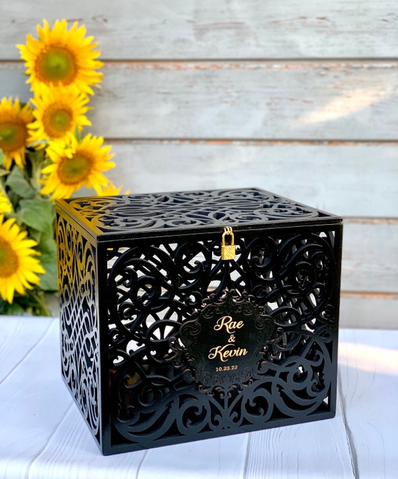 Black Wedding post box Card Box With Slot Lock Wedding money box Rustic card box Lockable card box Wedding bank