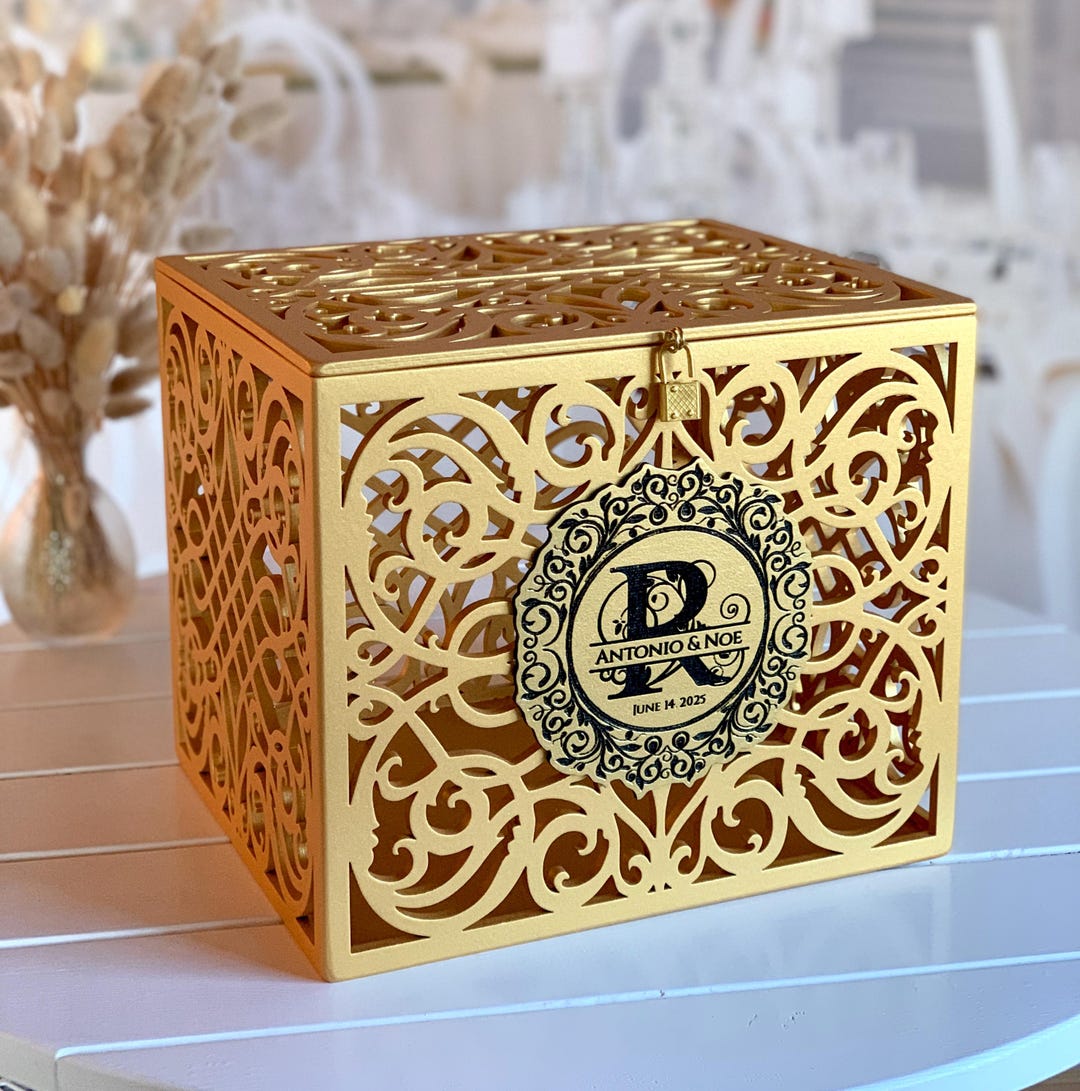 Gold Card Box With Slot Lock Wedding Money Box Rustic Card Box Lockable ...