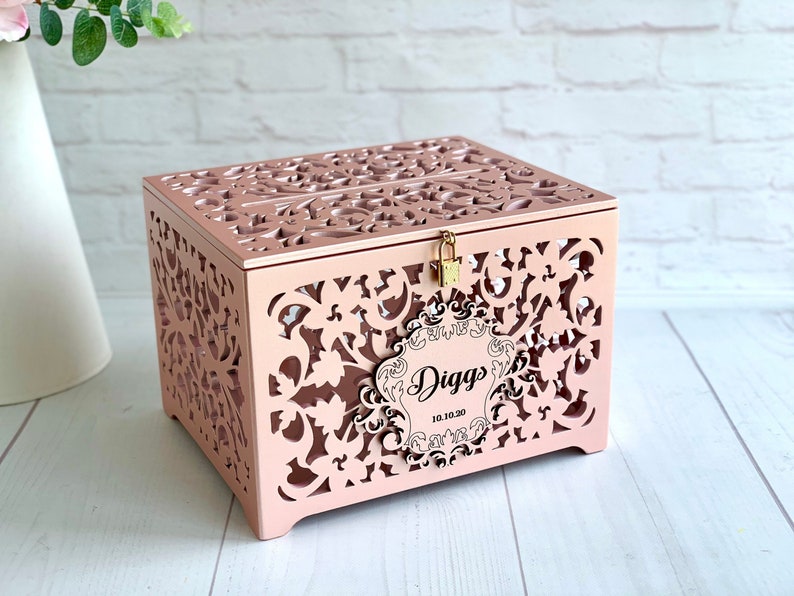 Rose Gold Card Box With Slot Lock Wedding Money Box Rustic Card Box ...