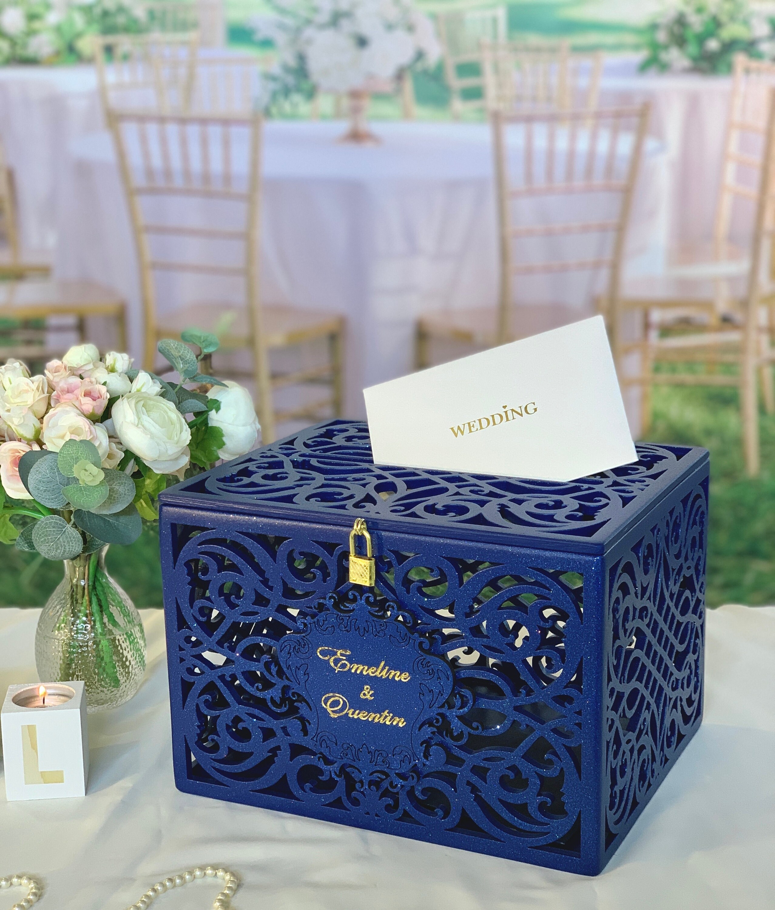 Navy Wedding Card Box With Slot Lock Wedding Money Box Rustic Card Box ...