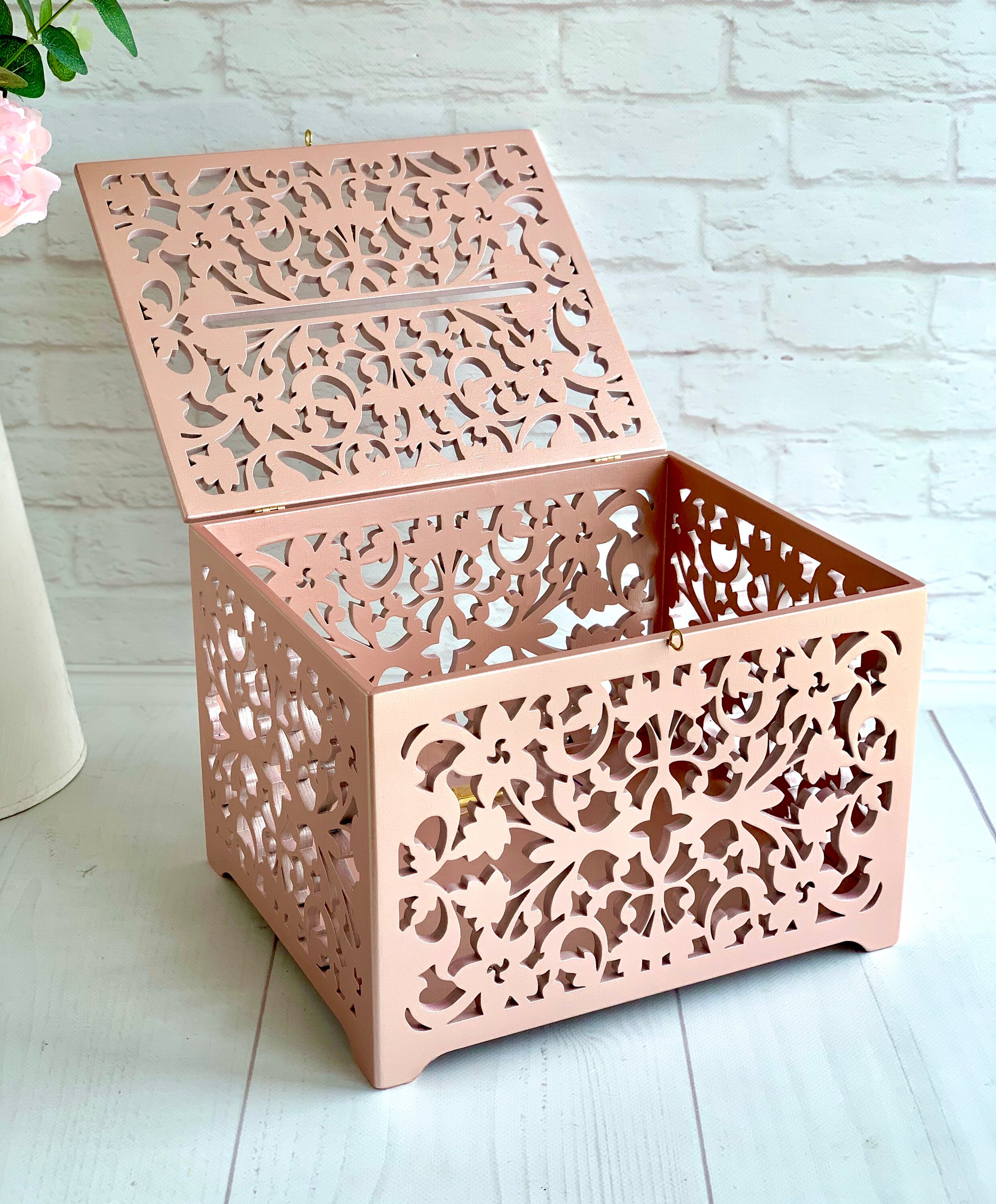 Rose Gold Card Box With Slot Lock Wedding Money Box Rustic Card Box ...