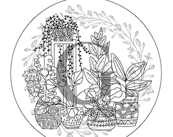 Plant Pots 1 Template. Embroidery template and coloring page. PDF instant digital download