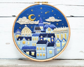 Winters Night- Hand embroidery framed in a 6" embroidery hoop