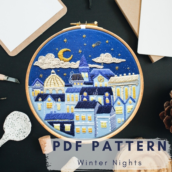 Winter Nights PDF Embroidery Pattern// Instant Digital Download// Pattern// DIY// Craft// Tutorial// File// Hand Embroidery/Georgie K Emery