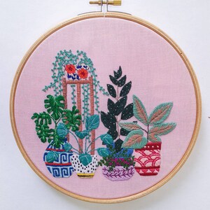 Plant Pot scene 3  - framed in a 7&quot; embroidery hoop | Handmade Gift | Hand Embroidery | Georgie K Emery
