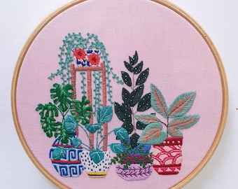 Plant Pot scene 3  - framed in a 7" embroidery hoop | Handmade Gift | Hand Embroidery | Georgie K Emery