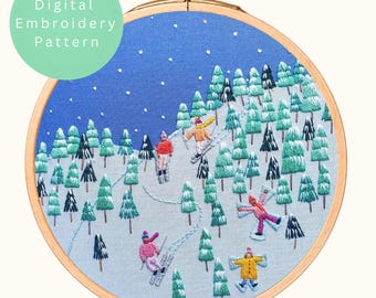 Ski Slope Scene Embroidery Pattern: Winter DIY Project (PDF Pattern)