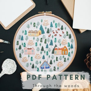 Through the Woods, Hand Embroidery Pattern, Instant download, Thread painting tutorial, Woodland Embroidery Pattern