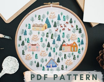 Through the Woods, Hand Embroidery Pattern, Instant download, Thread painting tutorial, Woodland Embroidery Pattern