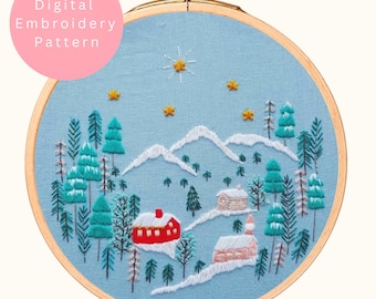 Snowy Village Embroidery Pattern: Winter Scene DIY (PDF Pattern)