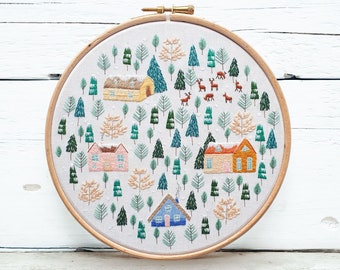 Through the Woods- Hand embroidery framed in a 7" embroidery hoop