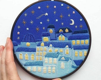 Night Skies - Hand embroidery framed in a 7" embroidery hoop