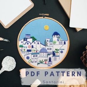 Digital Hand Embroidery PDF Pattern/ Santorini/ Instant Digital Download/ DIY Embroidery Hoop/ Painting with thread
