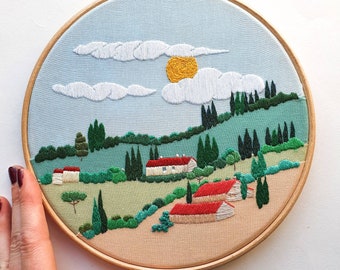 Italian Landscape - Hand embroidery framed in a 7" embroidery hoop