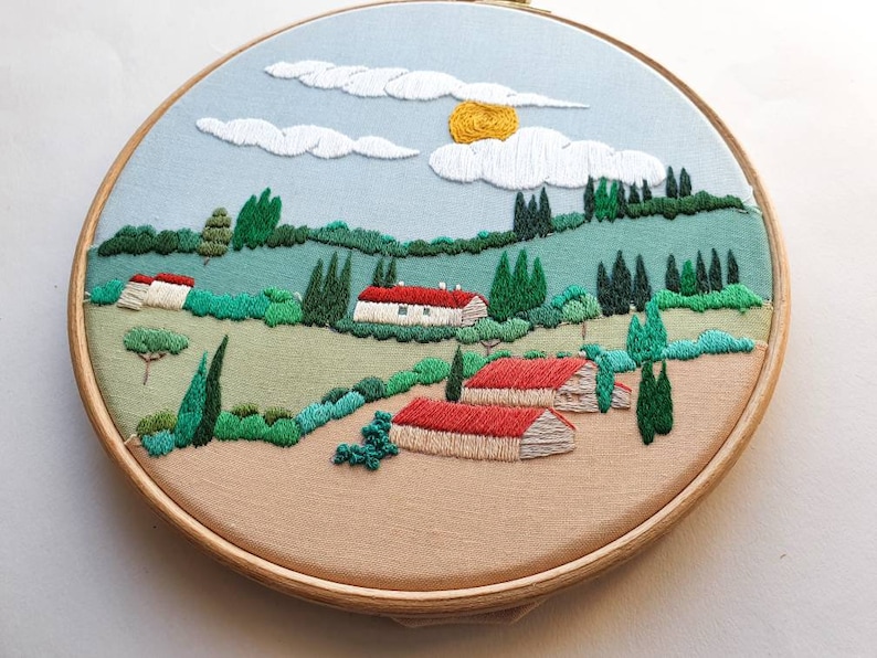 Paysage italien Broderie à la main encadrée dans un cerceau de broderie de 7 image 4