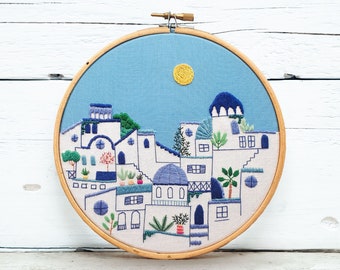 Santorini - Hand embroidery framed in a 6" embroidery hoop