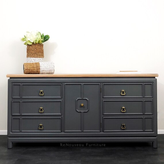 Sold Vintage Farmhouse Dark Gray Long Dresser Etsy