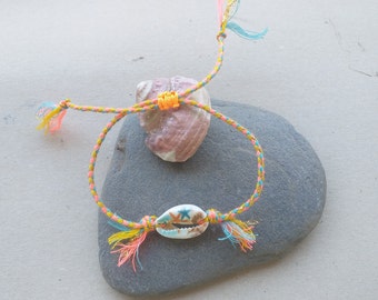 Summer bracelet, boho bracelet, beach bracelet, cowrie shell printed starfish in neon cotton gold thread, rope, for all.