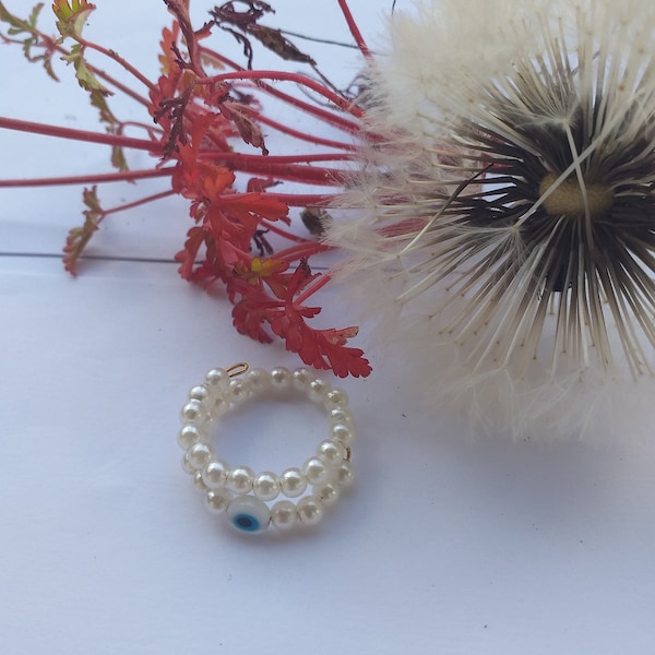 Bague porte bonheur turc mauvais oeil bleu ciel pour femmes, en perles synthétiques blanches