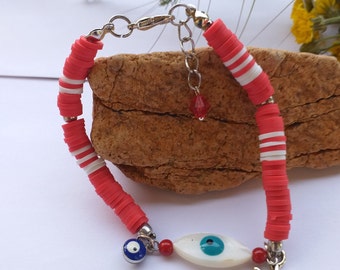 Red and white heishi bracelet in agile polymer, Turkish eye of protection in mother-of-pearl for women, girls