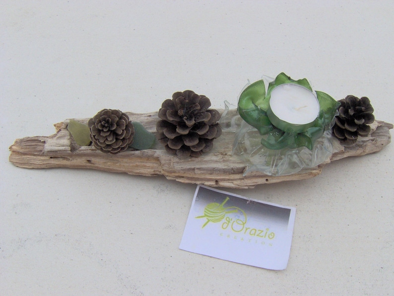 TABLE CENTERPIECE, driftwood candle, pinecones and floated image 1