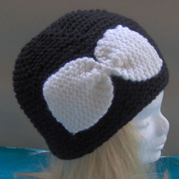 BONNET FEMME  NOIR avec gros noeud papillon blanc