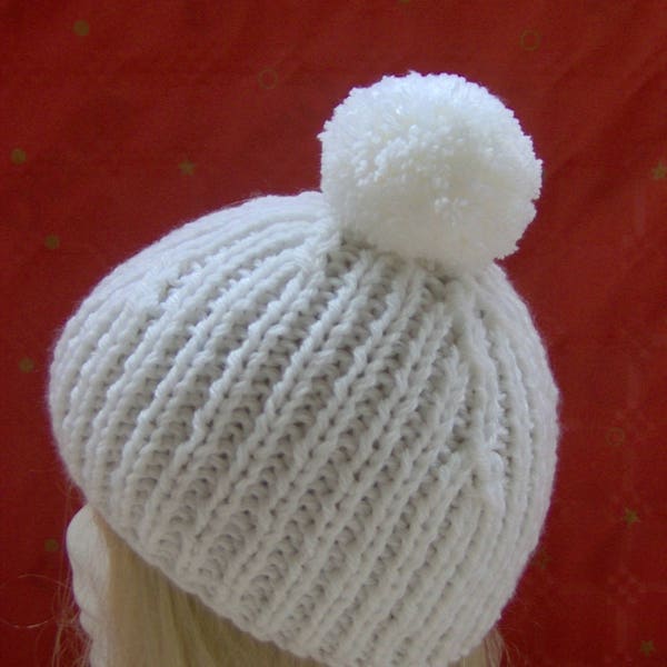 BONNET BLANC COTES 1/1 avec pompon