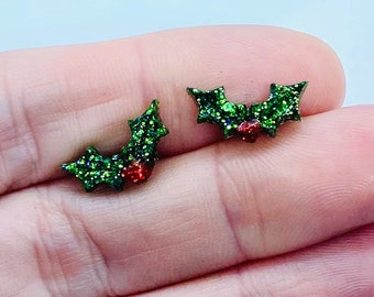 Holly and berries glitter, Christmas earrings, Xmas  , stainless steel, nickel free, hypoallergenic stud earrings