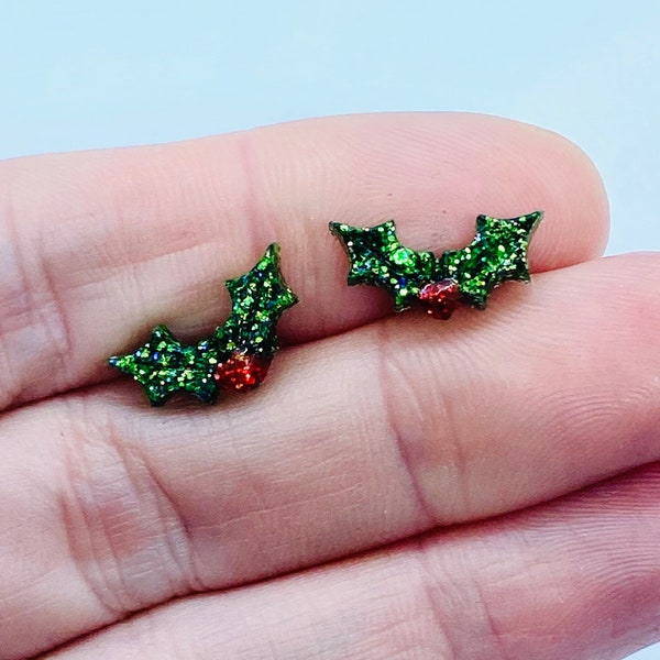 Holly and berries glitter, Christmas earrings, Xmas  , stainless steel, nickel free, hypoallergenic stud earrings