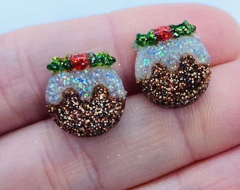 Christmas pudding glitter earrings, Xmas, stainless steel, nickel free, christmas studs, Christmas earrings, stocking filler, gifts for her