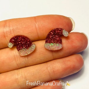 Santa Claus hat earrings, red or green glitter father Christmas earrings glitter studs , hypoallergenic jewellery, festive party accessories