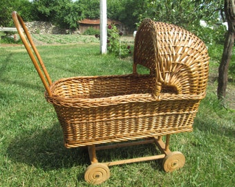 Vintage doll pram, Wicker doll&#39;s pram, Retro pram, Wooden doll pram, Wicker wicker cart for dolls, Gift for girl, Collectibles Children gift