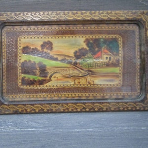 Antique wooden tray with glass, Hand painted wooden tray, Handmade tray with handle, Breakfast tray, Serving tray, Kitchen decor, Gift idea