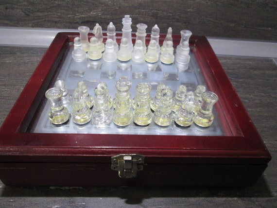 GROßES GESCHENK Glas Schach Spiel Set Glas Bord Matt Schach Stück