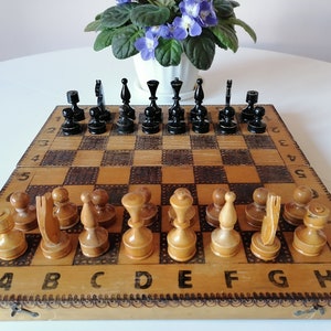 Vintage wooden chess, Wooden board, Vintage board games, Collectible, Gift idea, Wooden chess pieces, Handmade chess set, Medium size chess