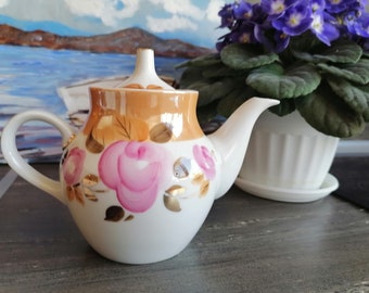 30 fl oz Brewing Teapot Dulyovo Porcelain Made in Russia w/ Pink Lilac Flowers 